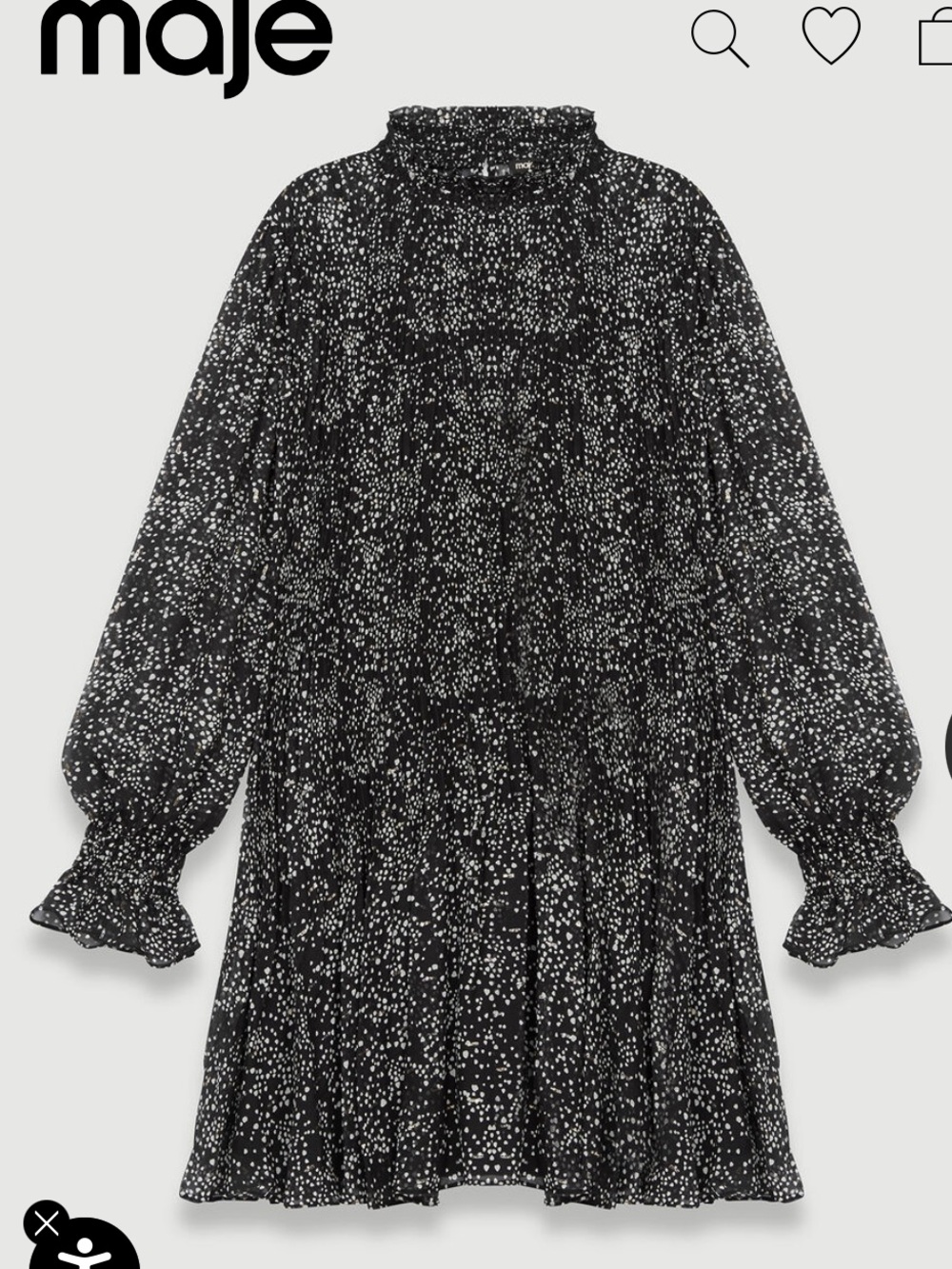 Maje Black Sheer Long-Sleeve Dotted Ruffle-Neck silk risou dress 40